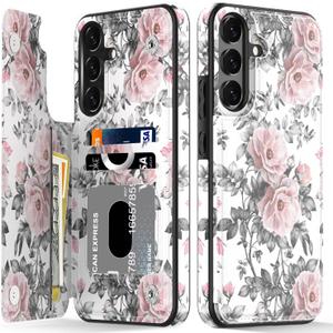 LETO Galaxy S24 FE Case,Luxury Flip Folio Leather Wallet Case Cover with Fashion Designs for Girls Women,Card Slots Kickstand,Phone Case Elegant Pink Flowers