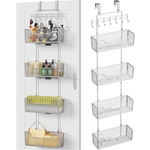 HapiRm Over The Door Organizer - Hanging Door Organizer with 4 Metal Large Capacity Baskets and Adjustable Coat Hook for Bathroom Bedroom Kitchen Pantry Closet Cabinet, 5 Tier