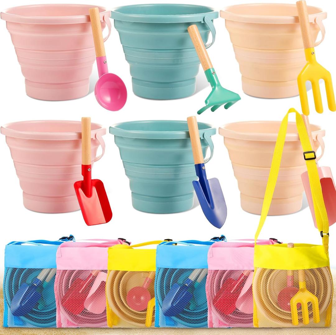 MiniInflat 18 Pcs Foldable Sand Buckets and Shovels and Mesh Bags for Kids Beach Tools Sand Toys Metal Garden Tools for Camping Gear, Travelling, Fishing Water Pail, Morandi Colors