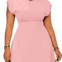 PINSV Women's Ruched Mini Dress Short Sleeve Casual Dresses for Women (Pink, XL)