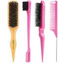 Boar Bristle Slick Back Hair Brush for Smooth Flyaways, Frizz, Sleek Ponytail, Buns and Edge Baby Hair, Teasing | Hair Comb, Edge Brush, Teasing Brush Rat Tail Comb for Girls, Kids, Women & Men