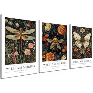 William Morris Canvas Wall Art Set of 3, Vintage Animal Bee Butterfly Dragonfly Posters Prints, Botanical Nature Flower Wall Decor Painting for Living Room Bedroom Bathroom 16x24 In Framed