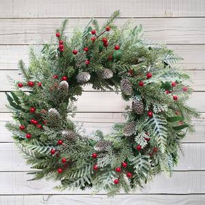 24 Inch Snow Flocked Christmas Wreath with Pine Cones and Red Berries  Artificial Winter Holiday Front Door Wreath for Farmhouse, Xmas, Indoor Outdoor Home Dcor