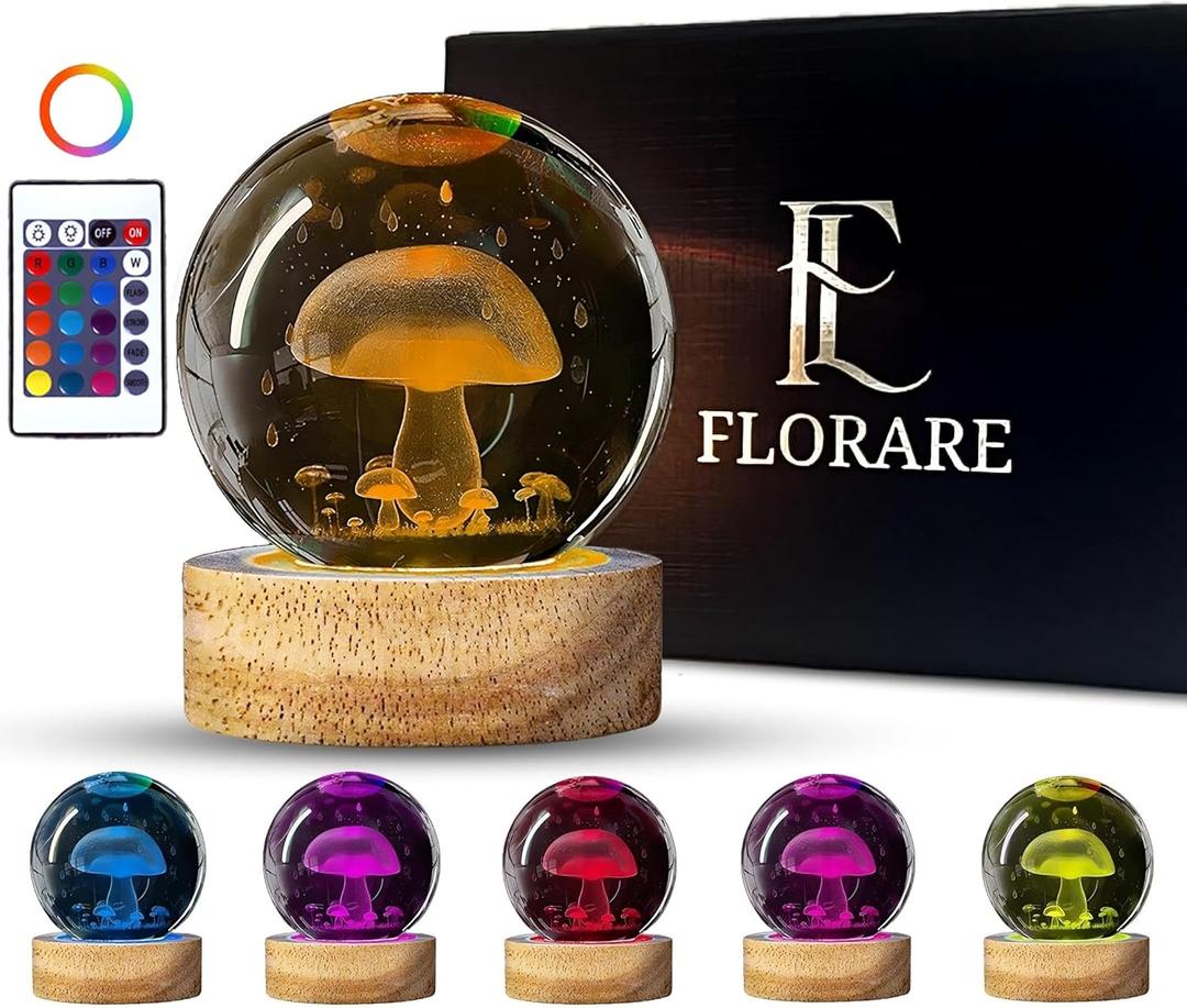 3D Crystal Ball Mushroom Lamp 80MM Cool Night Light Lamp with 16 Colors LED Changing Remote Control and Wood Base Ideal Gift for Kids Friend Lover and Birthday Cute Style Table Gift