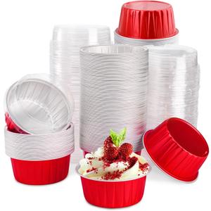 DEAYOU 100 Pack Aluminum Foil Cupcake Liners with Lids, 5oz Round Ramekin Baking Cups, Disposable Tart Pie Tin Pan Holder, Mini Cake Containers for Pudding, Party, Wedding, Oven Freezer Safe, Red