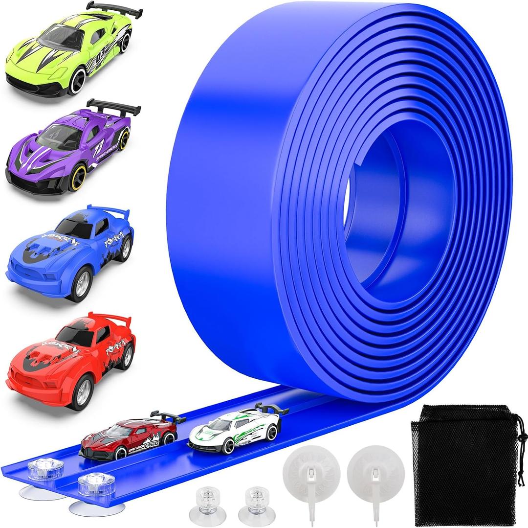 Flexible Race Car Track for Kids, 15Ft Race Track Toy with 4 Cars and Suction Cups, Rolls Up Portable Racetrack Compatible with All 1:64 Cars Toys, Birthday Gifts Toys for Boys Girls
