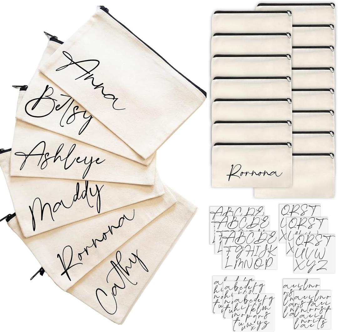Shinylin 26 Pcs Sublimation Makeup Bags Blanks Set 15 Pcs Canvas Sublimation Cosmetic Bags Blanks Pencil Pouch 11 Sheets Iron on Letters DIY Custom Heat Transfer Vinyl Stickers Zipper Pouch
