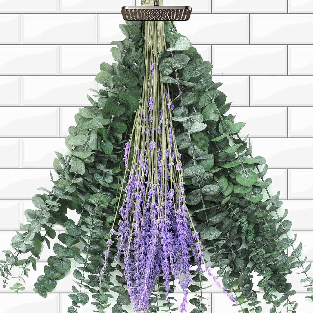 230 Pcs Dried Eucalyptus Stems with Lavender Flowers Bundle for Shower 17'' Natural Real Hanging Live Eucalyptus Leaves Branches for Wedding Decor Fresh Farmhouse Bathroom Table Vase Decor