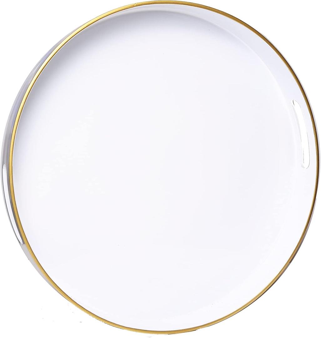 Spsyrine Round White Decorative Tray, 13" Plastic Serving Table Tray with Handles for Breakfast, Round Modern Ottoman Tray for Coffee Table, Bathroom, Kitchen, Living Room