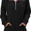 Onlypuff Women Hoodie Pullover Trendy Quarter Zipper Lapel Sweatshirts Drawstring Cute Hooded Tunic Tops with Side Pockets (Black, L)