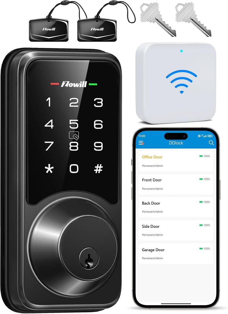 Zowill WiFi Smart Lock, Keyless Entry Door Lock with APP Control, Touchscreen Keypads, Auto Lock Smart Deadbolt for Front Door, Home(Included G2 Gateway) (Black)