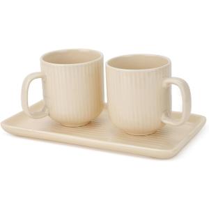 Ceramic Coffee Mugs with Handle Set 2-Piece 11 Oz Ceramic Coffee Cups & 9" Tray, Handmade Ivory Color, Microwave Safe Gift Set for Tea Lovers, Home Kitchen Decor