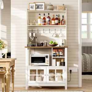ChooChoo Farmhouse Bakers Rack with Power Outlets and Storage, Coffee Bar Cabinet with Storage, Microwave Stand Kitchen Cabinet with Hutch and 6 Hooks, Soft White & Brown, 
Product Dimensions	15.75"D x 31.5"W x 59.8"H