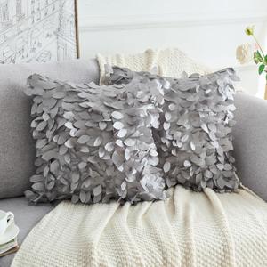 uxcell 3D Leaf Sequin Throw Pillow Covers 18x18 Inch Soft Satin Square Pillowcases with Hidden Zipper, Set of 2 for Sofa Bedroom Office Outdoor Decor Grey