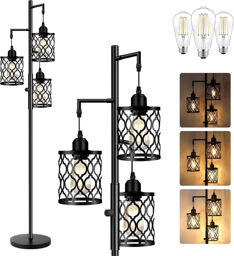 ROTTOGOON Dimmable Farmhouse Floor Lamp, Industrial Floor Lamp for Living Room with 3 X 6W LED Bulbs, 3 Light Rustic Standing Tall Lamp for Bedroom, Office, 68"