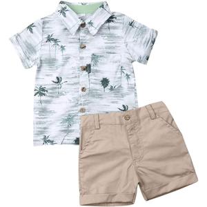 VISGOGO Toddler Baby Boy Flamingo Short Sleeve Button Down Shirt & Casual Shorts Set Summer Outfits 1-6 Years Clothes (3-4T, Coconut Tree)