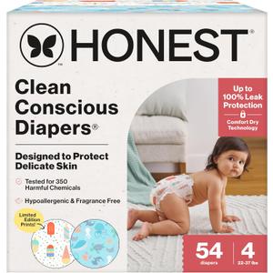 The Honest Company Clean Conscious Diapers for Delicate Skin | Up to 100% Leakproof | Hypoallergenic, Fragrance Free | Summer '25 Limited Edition Prints | Club Box, Size 4 (22-37 lbs), 54 Count