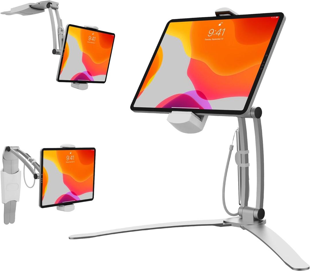 CTA Digital 3-in-1 iPad Tablet Mount  Multipurpose Universal Kitchen Mount Holder for All iPad Tablets 7-13" - Made for Wall - Under Cabinet & Desk - Silver (PAD-KMS) (White)