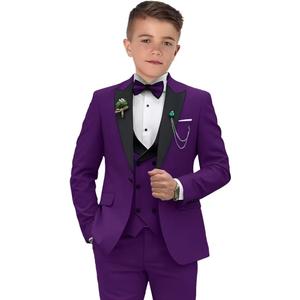Boys Suits 3 Piece Formal Solid Slim Fit Suit Peak Lapel Blazer Pants Vest Boys Suit Double Breasted Kids Tuxedo (14, Purple)