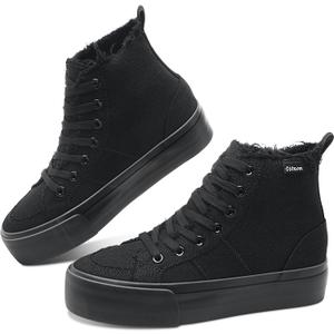 Obtaom High Top Platform Sneakers Women Mid Calf Play Canvas Shoes Washed Platform Skate Skateboard Shoe Casual Canvas Fashion Sneakers (7, Black Monochrome)