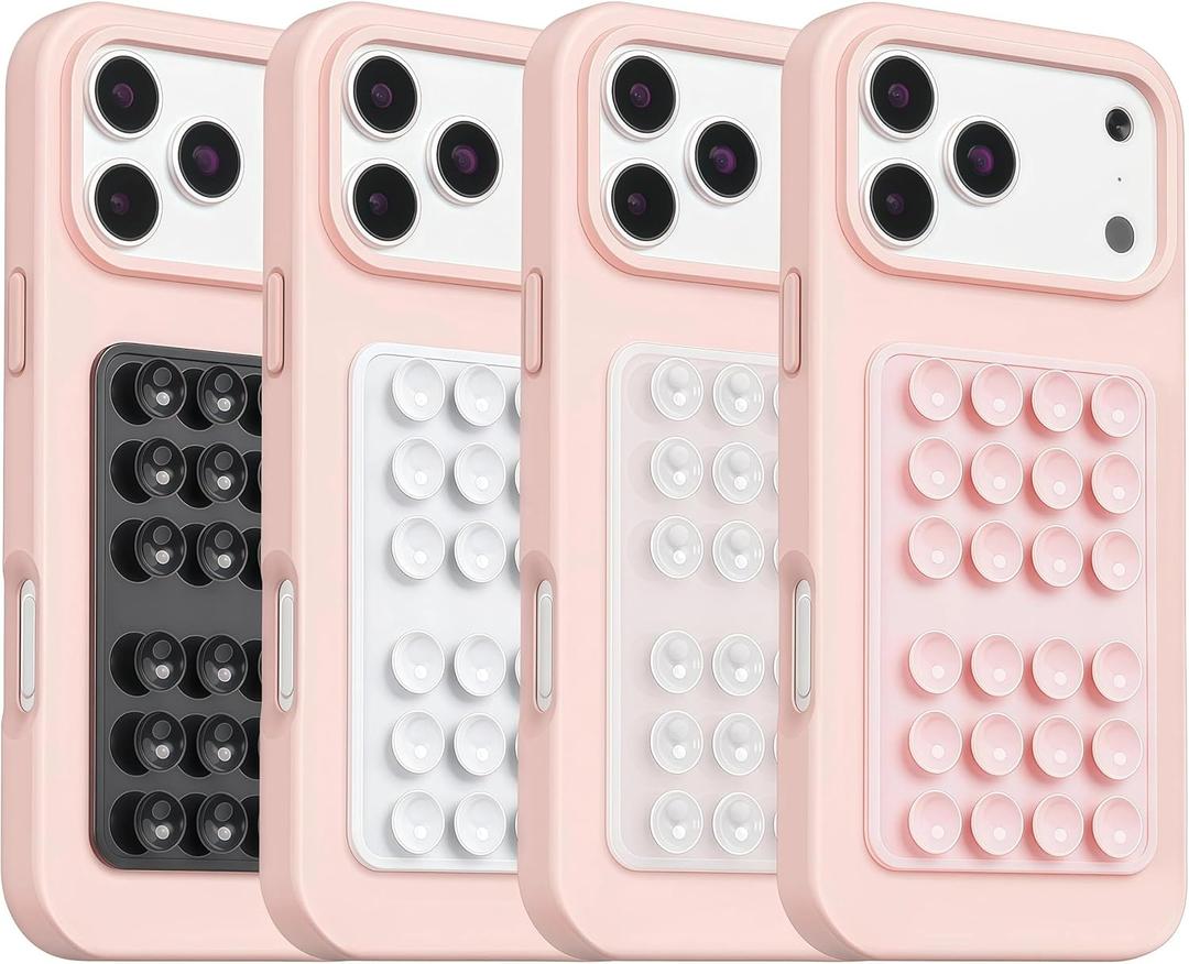 (4 Pack) Silicone Octo Cup Buddy Suction Phone Grip Mount, Hands-Free Sticky Phone Holder with 24 Suction Cups, Strong Grip for Selfies & Videos, Adheres to Mirrors, Tiles & Smooth Surfaces (Light Pink & Clear & White & Black)