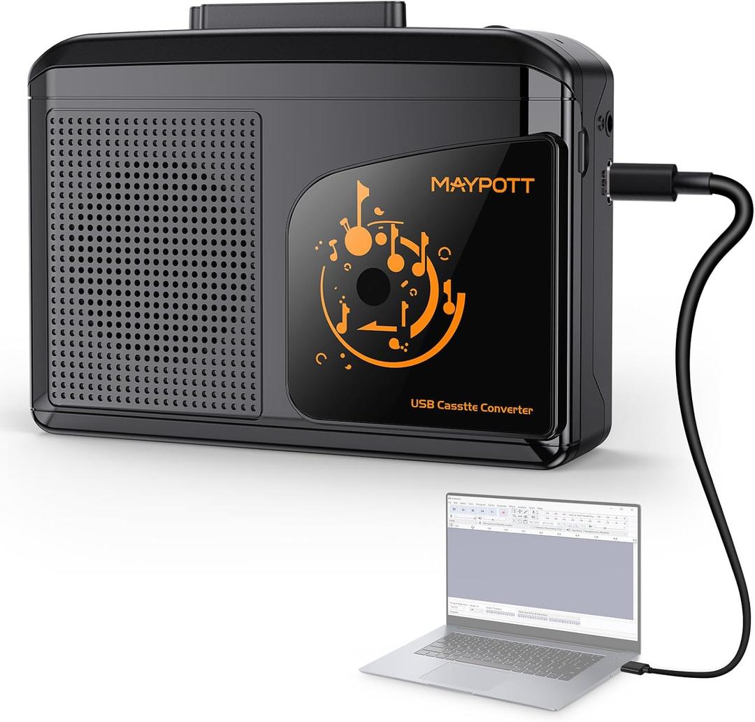 Cassette Tape Player, Maypott Portable Cassette Player Cassette Tape Recorder Audio Cassette to Digital Converter via USB, Compatible with PC/Laptops, Built-in Speaker&Headphone, Full Stereo