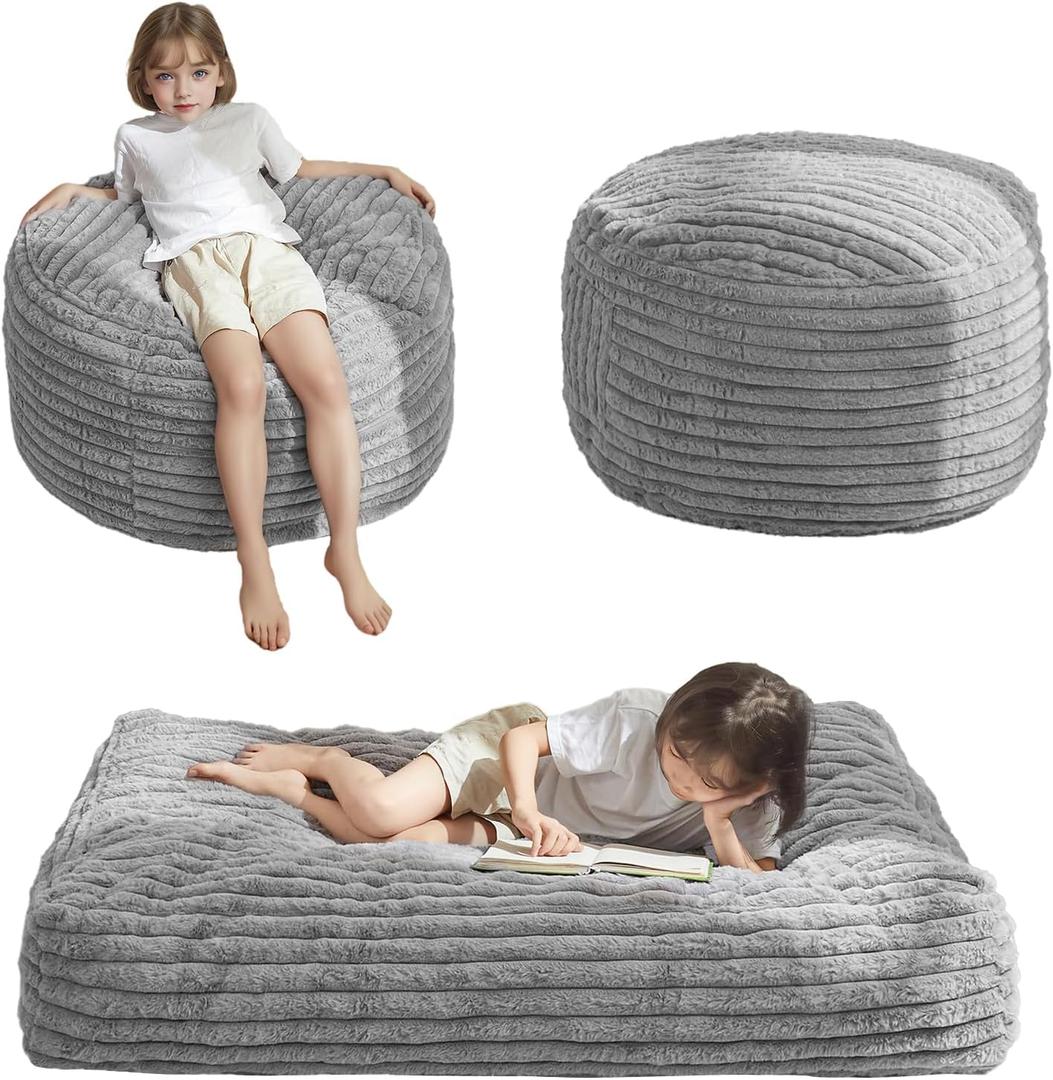 MAXYOYO Kids Bean Bag Chair Bed, Convertible Children Chair to Floor Mattress with Filler, Faux Fur Bean Bag Bed Stuffed Child Sofa Couch for Girl Boy Sleeping, Machine Washable Cover, Grey (Standard, Plush Corded - Grey)