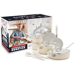 GreenPan x Bobby Flay 13 Piece Nonstick Cookware Pots and Pans Set, PFAS-Free Diamond Ceramic, Induction Suitable, Easy Clean Dishwasher & Oven Safe, Stay-Cool Silicone Handles, Glass Lids, Cream