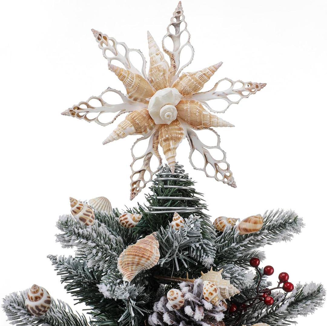 Demissle Coastal Beach Christmas Tree Topper 8 Inch Natural Starfish Tree Topper Conch Star Flower Treetop Decoration Christmas Holiday Decoration for Sea Beach Themed Xmas Home Decor