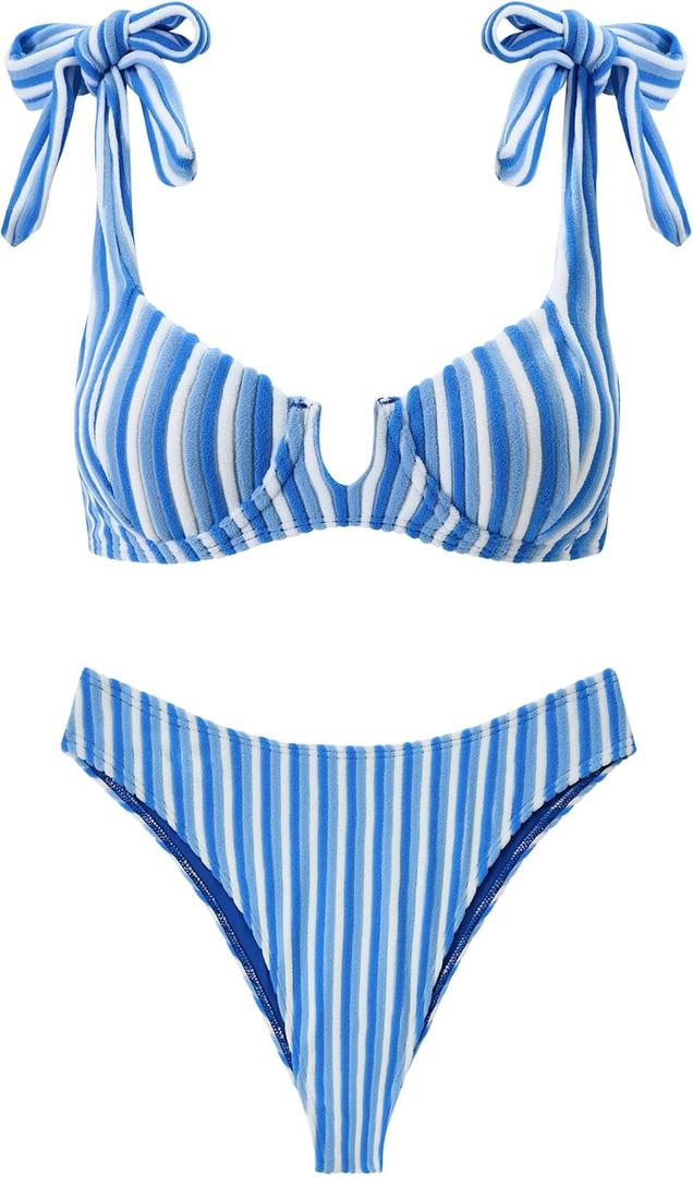Underwire Bikini Sets for Women Retro Striped Terry Textured Bathing Suit Cute Y2K Bow Tie Shoulder Swim Suits (Blue, L)