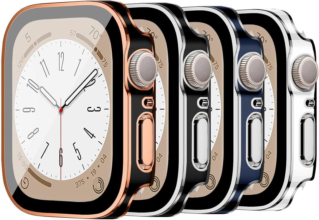 EIHAIHIS Screen Protector for Apple Watch Case Cover Series 11 10 9 SE 8 7 6 5 4 40mm 44mm 41mm 45mm 42mm 46mm Tempered Glass Waterproof PC Protective Bumper Face for iwatch SE2 gen2 SE 3 Women Men (3-B Rose Gold/B Silver/Blue Silver/Silver White)
