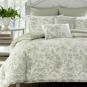 Laura Ashley - Queen Comforter Set, Reversible Cotton Bedding, Includes Matching Shams with Bonus Euro Shams & Throw Pillows (Natalie Sage/Off White, Queen)