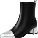 Mofirdast Womens Ankle Chunky Low Heels Boots Round Cap Toe Two-tone Color Blocking Booties Side Zipper Mid calf Boots, Size 6