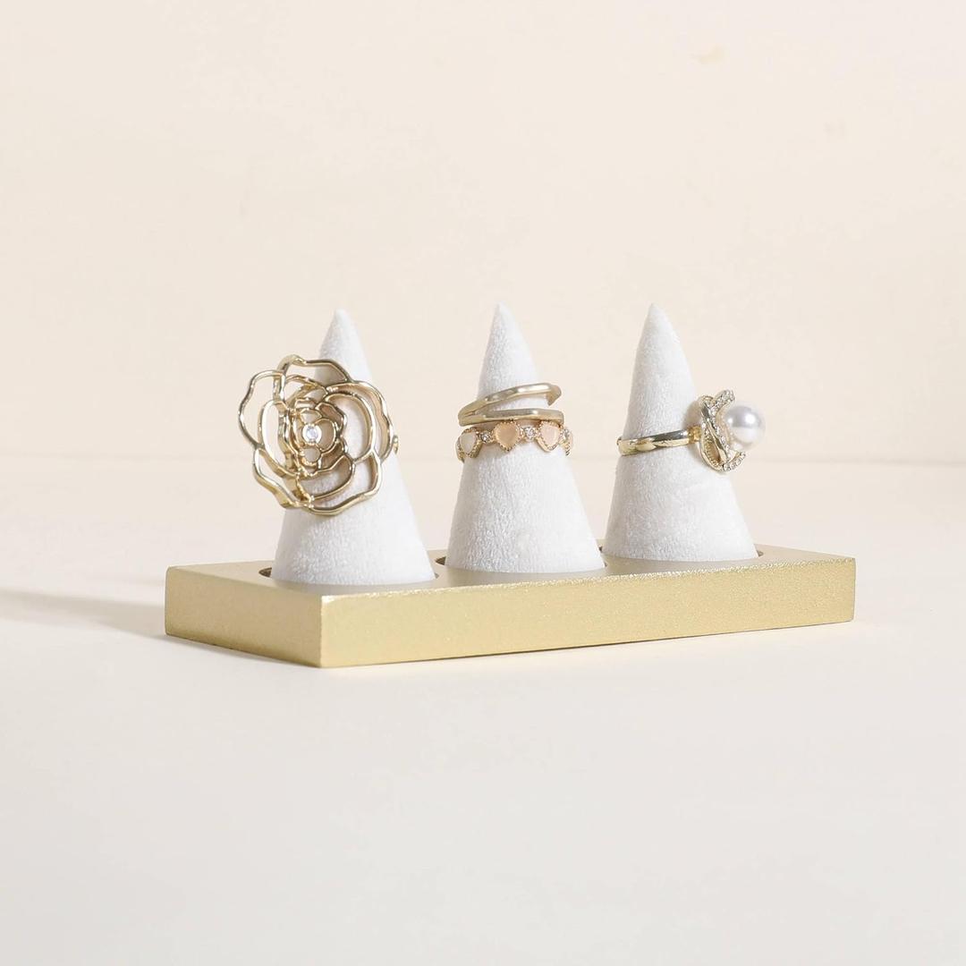GemeShou Jewelry ring display holder for selling, velvet ring cone display stand, cute cone shaped ring holder with golden coated base,Medium jewelry ring storage organizerRing holder-white 3 cone