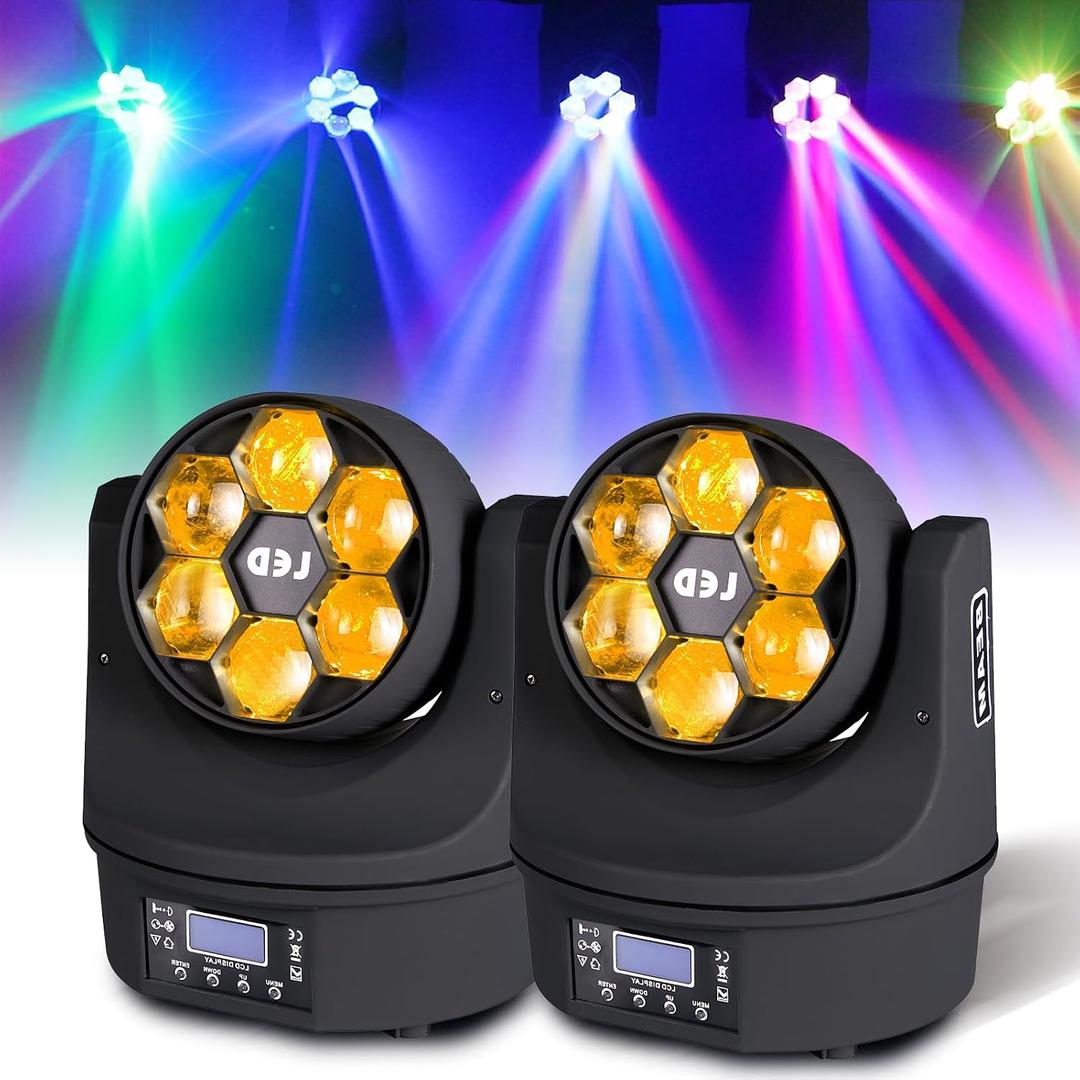 DJ Lights Moving Head 6x15W RGBW 4-in-1 Stage Light Bee Eye Mini Wash Lighting, DMX512 & Sound-Active for Disco, Club, KTV, Wedding, Party 2-Pack