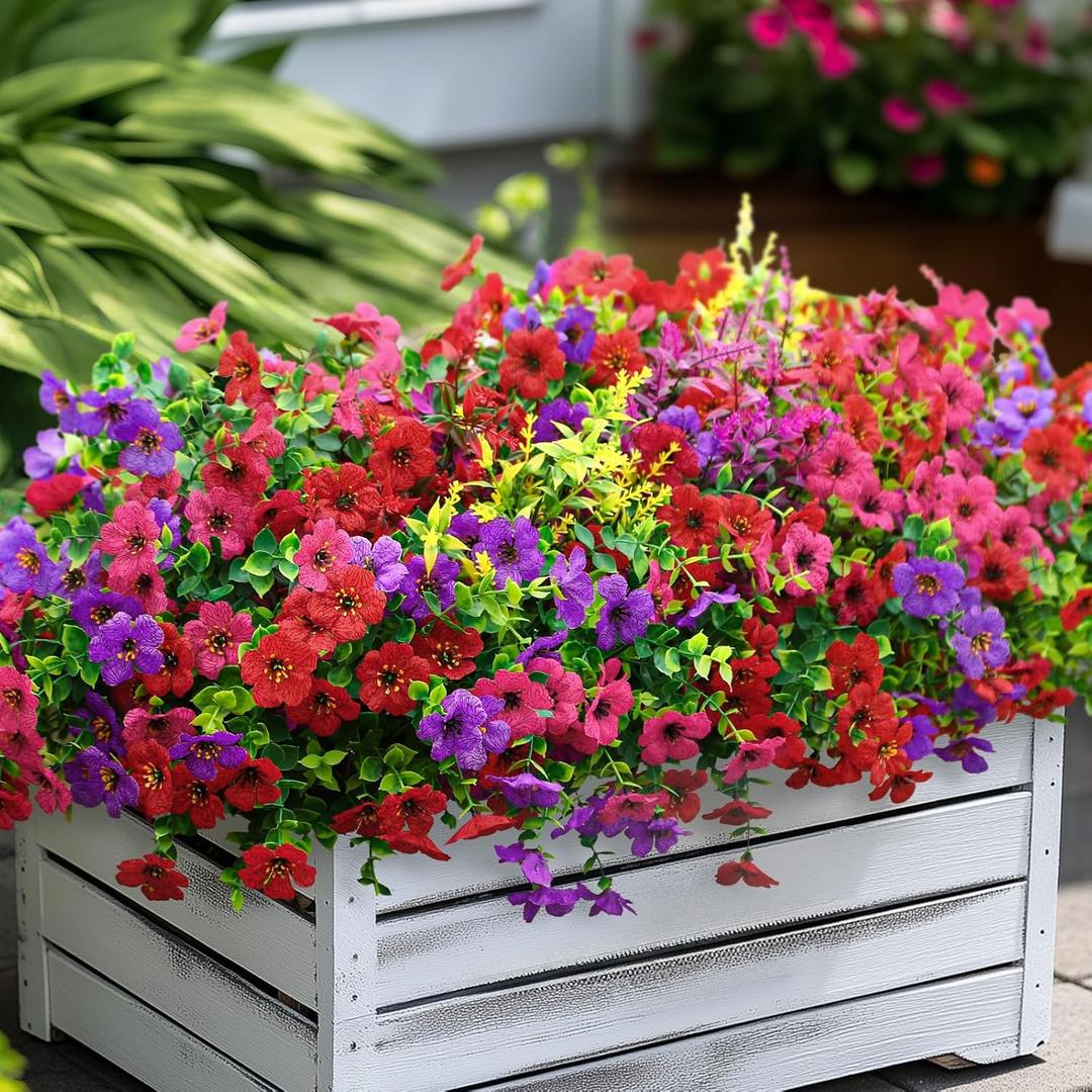 SHareconn 24 Bundles Artificial Flowers for Outdoors Decoration, Faux Plants Fake Silk Colorful Daisy Eucalyptus Lavender, UV Resistant for Outside Planters Home Porch Patio Indoor Spring, Mix 3 Colors