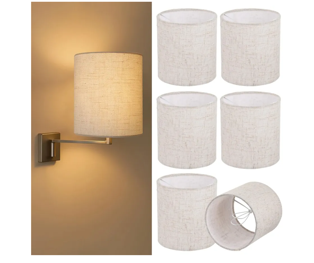 6PCS Chandelier Lamp Shades,Mini Lamp Shades Clip-on Bulbs Fabric Lampshade,Chandelier Replacement Shades for Wall Light,Natural Linen Lamp Shade Set,5" Width X 5.3"Height,Assembly Required