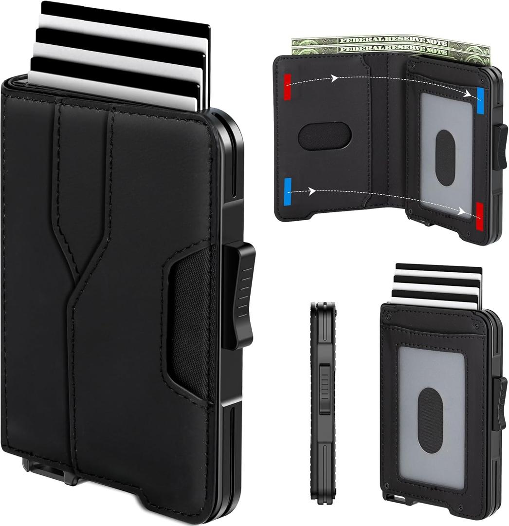Wallet for Men - Pop Up Case, Cash Slot, and Credit Card Wallet - Slim Minimalist Aluminum Front Pocket Wallet with RFID Blocking/ID Window (Black)