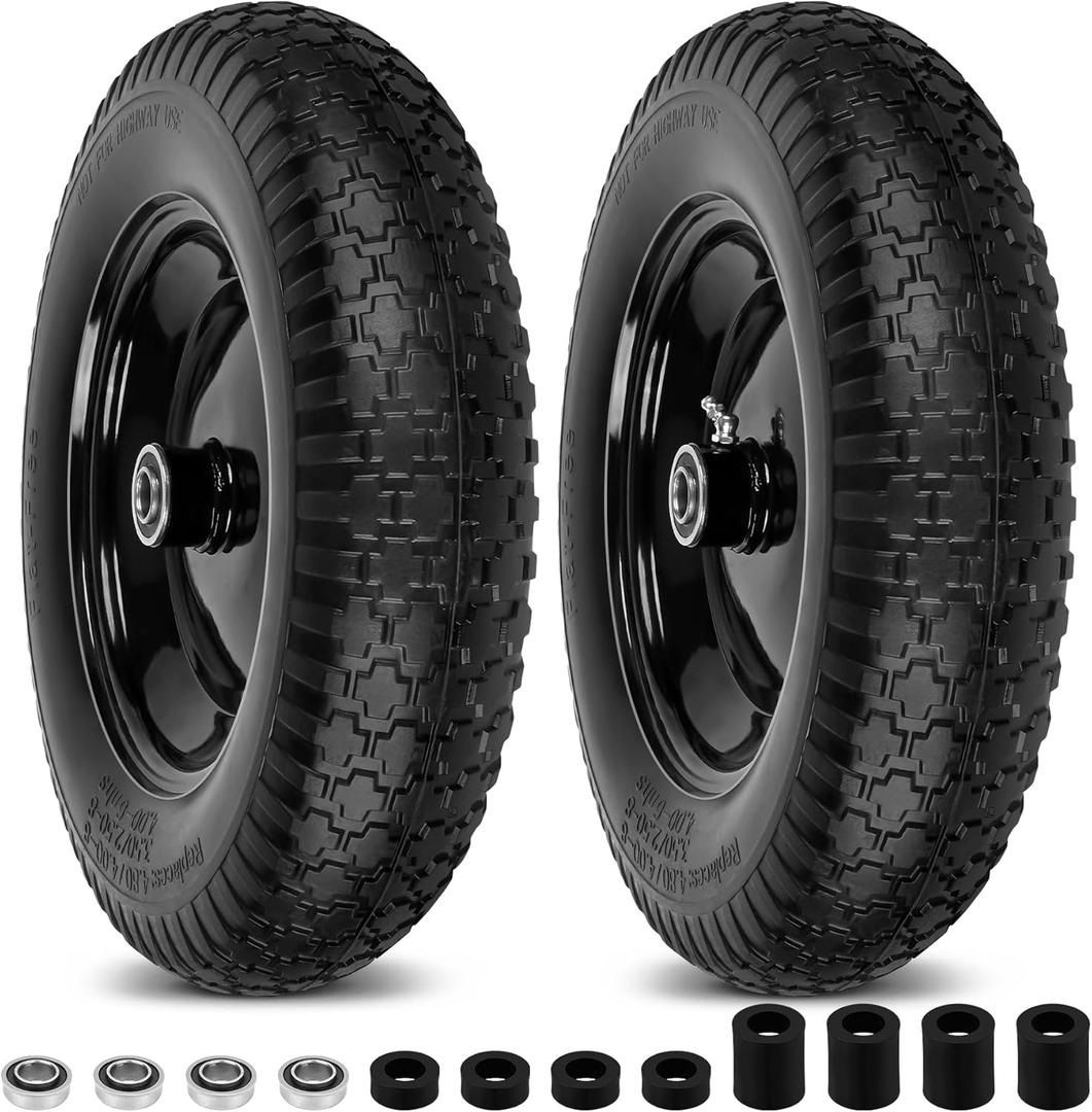 4.80/4.00-8" Flat Free Wheelbarrow Tires and Wheels, 14.5" Universal Fit Solid Tires with 5/8" or 3/4" Bearing, 3"-7" Hub, Adapter Kit Hand Truck Wheels Replacement for 3.50/2.50-8", 4.00-6"etc, 2 PCS
