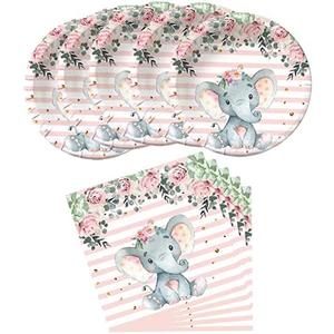 HJFZLY Elephant Baby Shower, Pink Elephant Birthday Party Supplies, 20 Plates and 20 Napkins, Elephant Theme Birthday Party Decoration for Girl