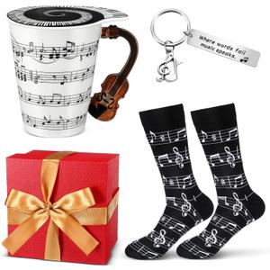 Tioncy 4 Pcs Music Lover Teacher Gifts, Music Coffee Mug Cup with Lid, Note Socks, Keychain, Red Gift Box for Graduation Birthday Christmas Students Men Women Band Teacher Musician(Violin)