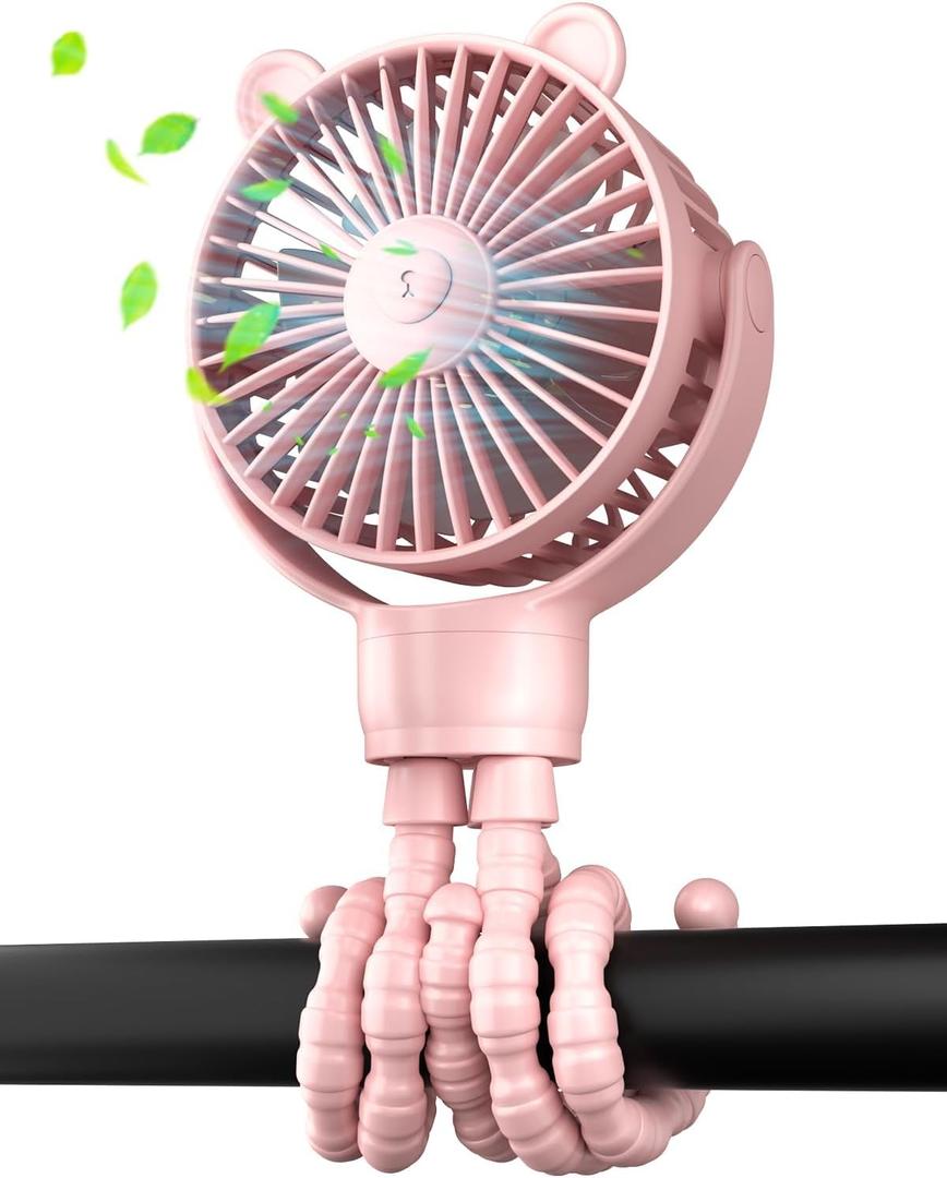 Portable Mini Stroller Fan, Battery Operated Small Clip on, Detachable Flexible Tripod Baby Fan with 3 Speed, Rechargeable Personal Fan for Car Seat Crib Treadmill Travel (Pink)