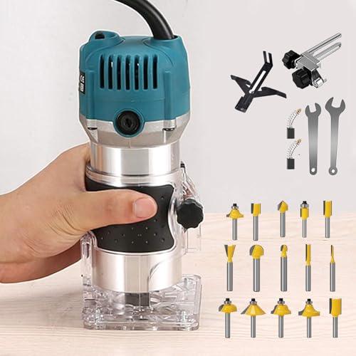 Wood Router + 15PCS 1/4" Router Bit Set Router Tool 800W Wood Routers for Woodworking Electric Hand Tool, 30000R/MIN Compact Edge Trimmer Laminate Milling Engraving with Tungsten Carbide