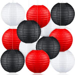 Panelee 12 Pcs Black Red White Paper Lantern Party Decoration 8 Inches Hanging Round Lanterns Hanging Paper Decoration for Wedding Graduation Birthday Theme Party Decor Supplies