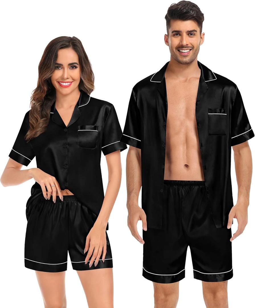 SWOMOG Couples Matching Pajamas Set Satin Short Sleeve Button Down Tops Silk Shorts Pj Lounge Set Soft Sleepwear (Black, M)