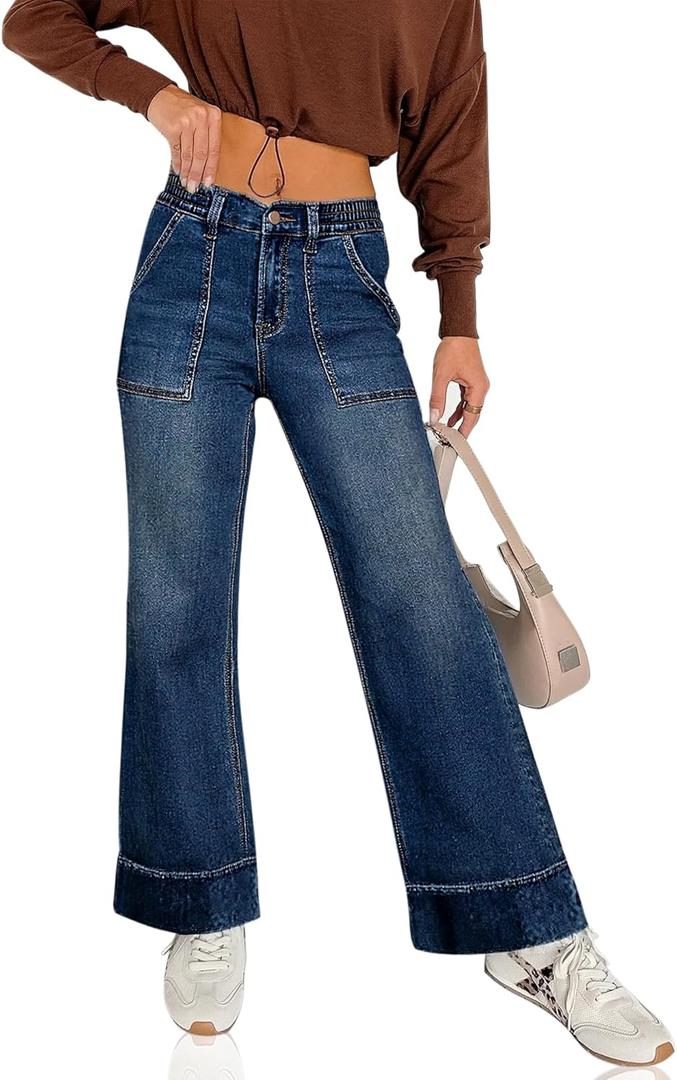 Women's High Waisted Wide Leg Jeans Elastic Waisted Stretchy Denim Sweatpant Pants with Pockets Trendy 2025 Fall (Blue, L)