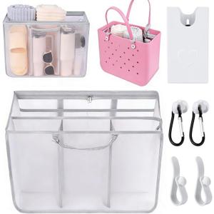 6 PCS Mesh Beach Bag Organizer Accessories for XL Bogg Bag, Gray Divider Insert with Phone Holder, Hooks and Carabiners, Storage Organizer for Extra Large Beach Tote