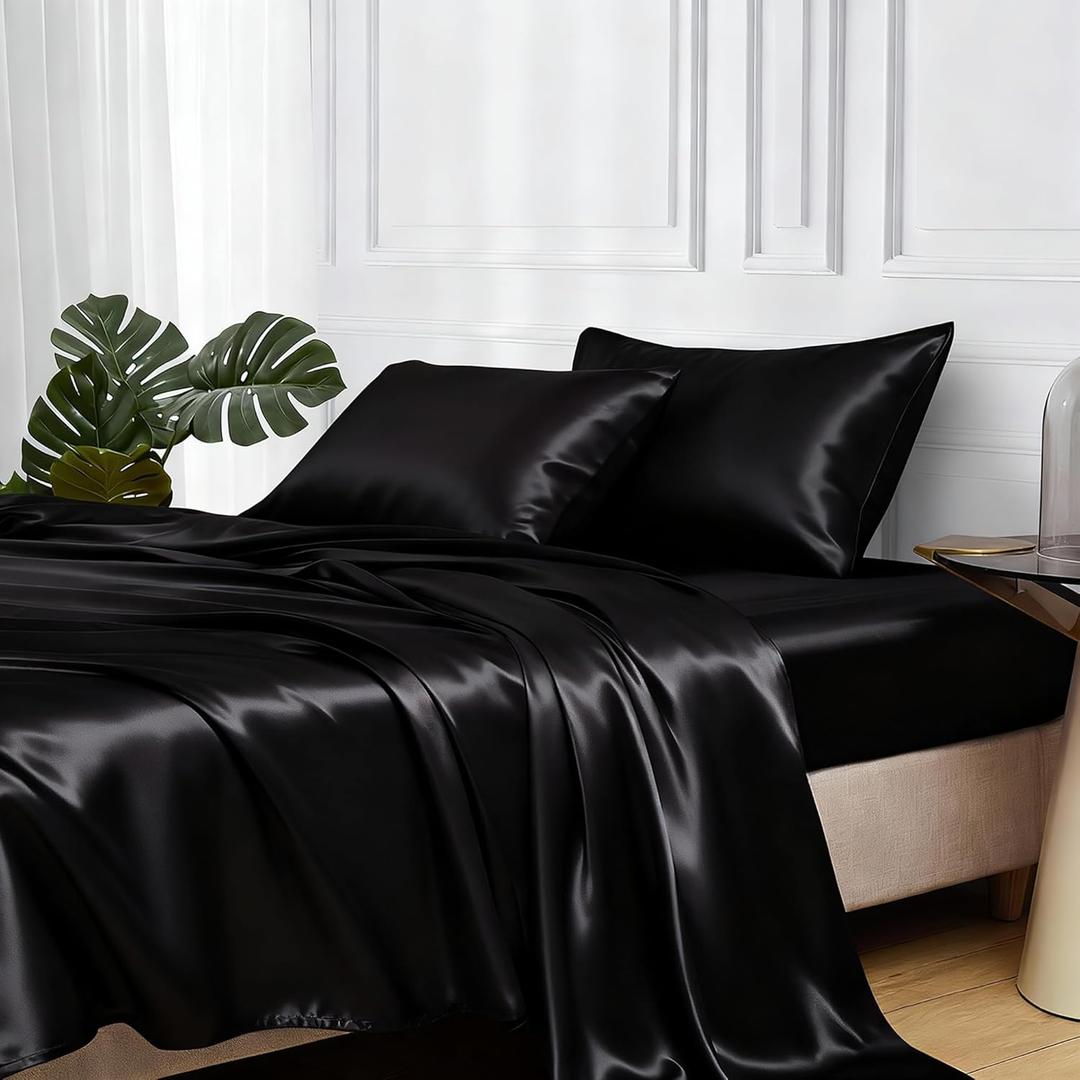 MR&HM Satin Bed Sheets, Queen Size Sheets Set, 4 Pcs Silky Bedding Set with Elastic Corner Straps and 15 Inches Deep Pocket for Mattress (Queen, Black)