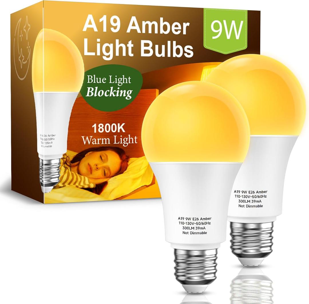 Amber Light Bulbs for Sleep: 9W Amber Warm 1800K, Blue Blocking Dim Bulbs 60W Equivalent, E26 Bulb for Mood Soothing, Bedroom and Baby Nursery Light, 2 Pack