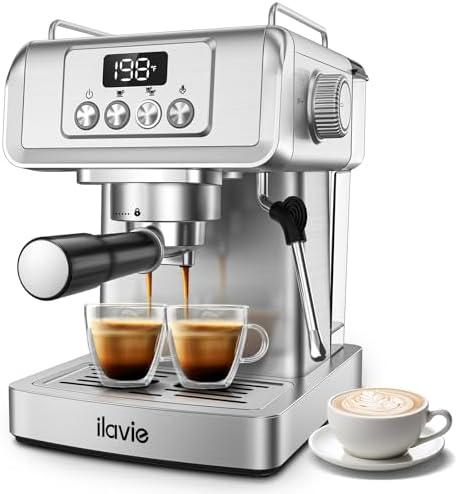 ILAVIE Espresso Machine 20 Bar with LCD Display, 60oz Water Tank, Dual Cup Coffee Maker with 266°F Steam Milk Frother, Stainless Steel Coffee Machine for Cappuccino & Latte – Compact & Easy to Use